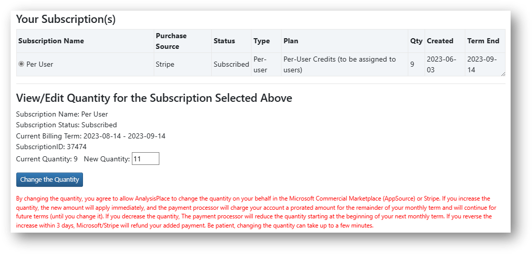 optional features - Manage Subscription Quantities