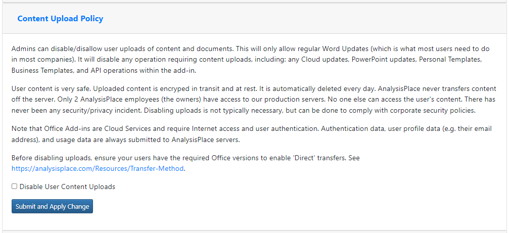 Content Upload Policy setting in the Admin Portal