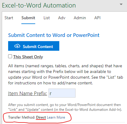 Transfer Method type as shown in the add-in